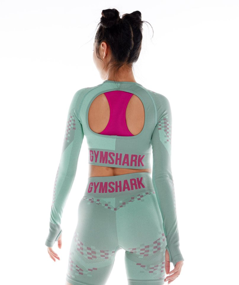 Women's Gymshark Wtflex Cyborg Seamless Long Sleeve Cropped Tops Green | NZ 6HXTGU